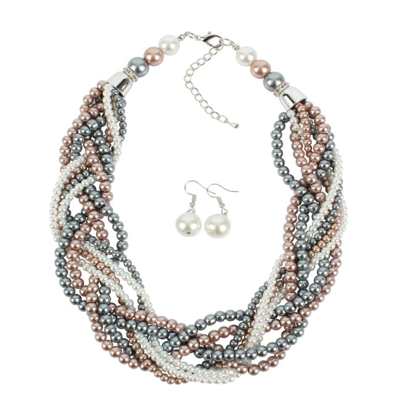 Exaggerated Multicolor Pearl Braided Design Women Party Necklace Set