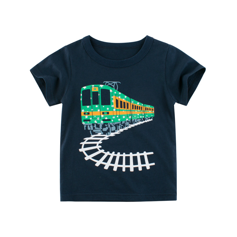 Boys Basic Cartoon Train Round Neck Short-Sleeved T-Shirt
