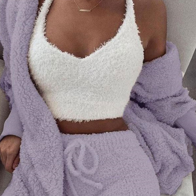 S-3XL 3 Pcs/Sets Solid Tank Top Long-Sleeve Coat And Shorts Plush Set