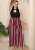 Plus-Size Women Color Blocking Stripe Pattern High-Slit Wide-Leg Casual Vacation Pants