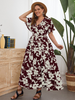 Women Plus Size Casual Floral Print V Neck Short Sleeve Loose Maxi Dress