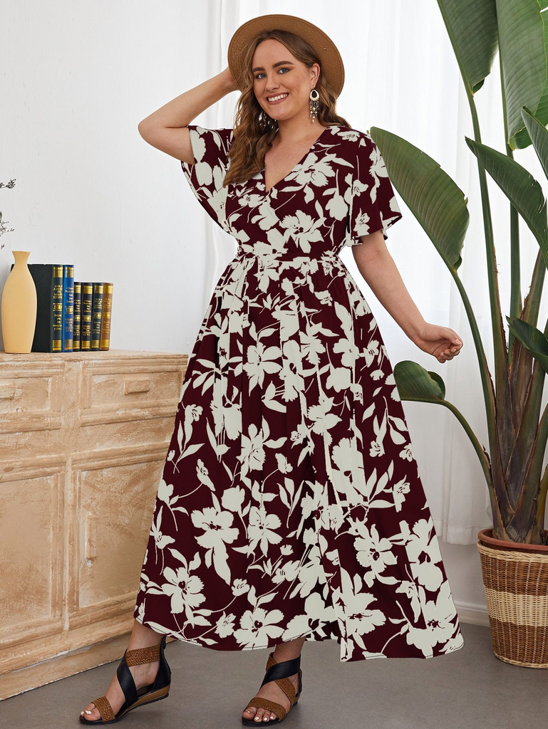 Women Plus Size Casual Floral Print V Neck Short Sleeve Loose Maxi Dress