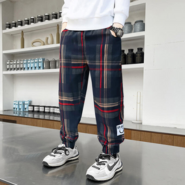 Boys Casual Letter Pattern Plaid Pocket Pants