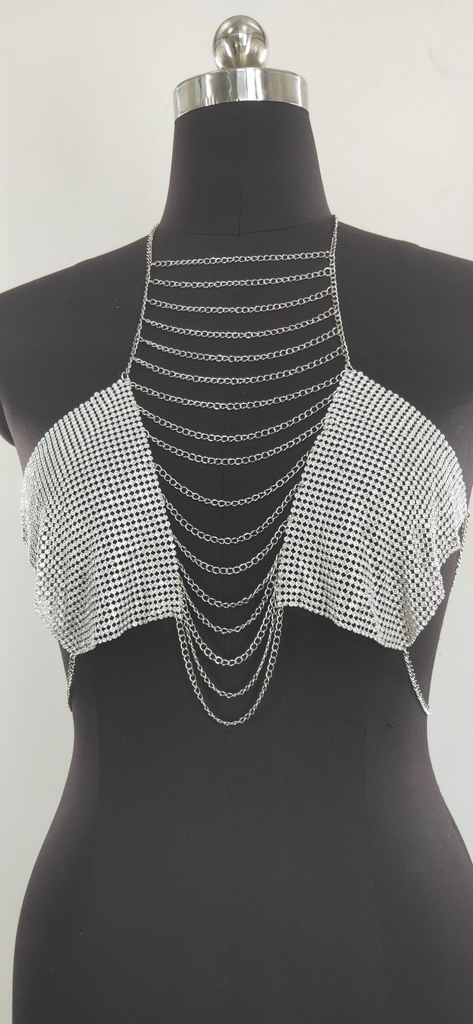 Women Simple Rhinestone Inlaid Cloth Tassel Chain Linked Halter Top Body Chain