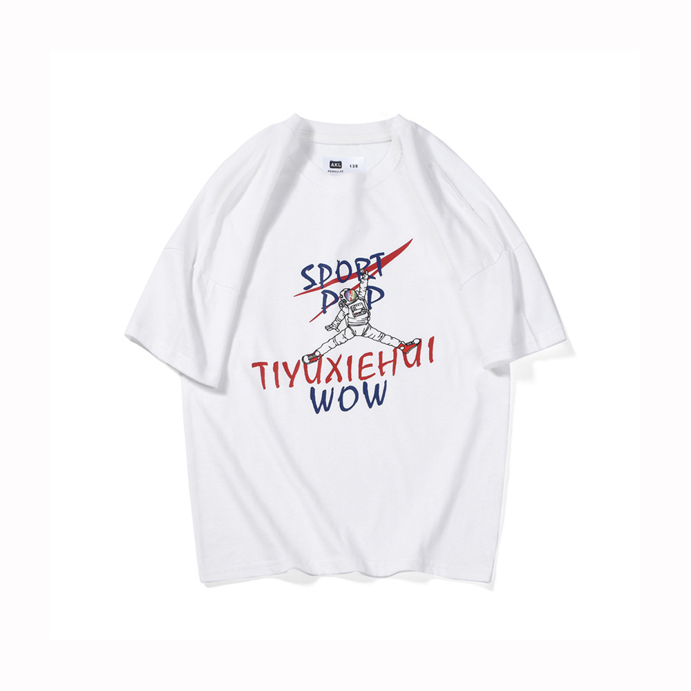 Kids Boys Casual Round Neck Short-Sleeved Cartoon Spaceman Letter Pattern Loose T-Shirt