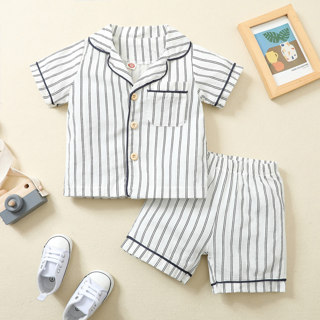 Children Kids Toddlers Fashion Girls Boys Short Sleeve Stripe Top And Shorts 2pcs Pajamas Set