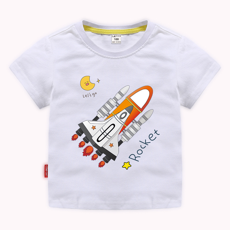 Boys Basic Round Neck Short Sleeve Cartoon Rocket Pattern T-Shirt