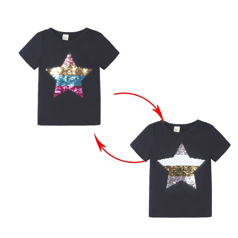Kids Casual Star Sequined Round Neck Short-Sleeved T-Shirt