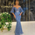 Women Elegant Solid Color Short Sleeve High-Waisted Off-The-Shoulder Belt Decorate Ruffled Sequins Floor-Length Bodycon Dress