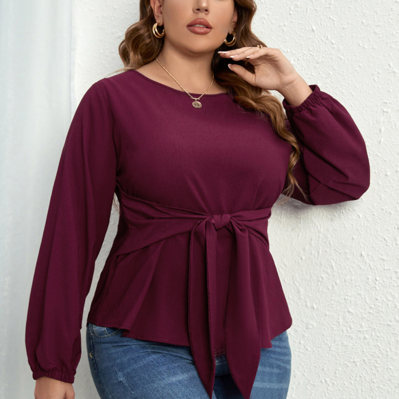 Fashion Women Casual Solid Color V-Neck Long-Sleeved Bowknot Round Neck Pullover Blouse