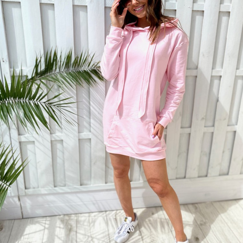 Women Fashion Solid Color Hooded Long Sleeve Dress