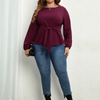 Fashion Women Casual Solid Color V-Neck Long-Sleeved Bowknot Round Neck Pullover Blouse