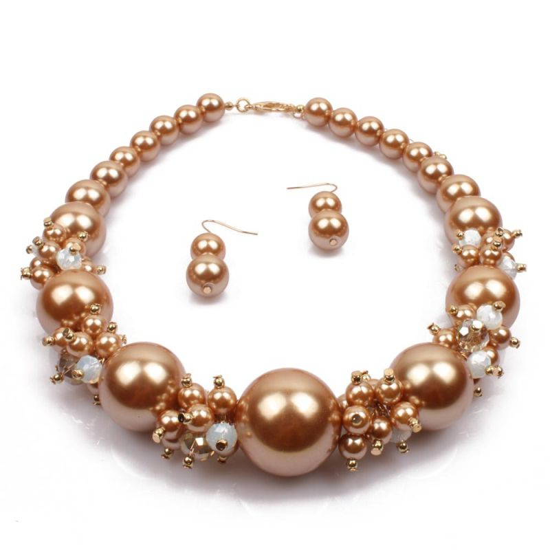 Women Elegant Imitation Pearl Beaded Princess Necklace Earrings Set