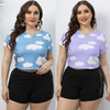 Plus Size Women White Cloud Print Casual Short-Sleeved Crop Top