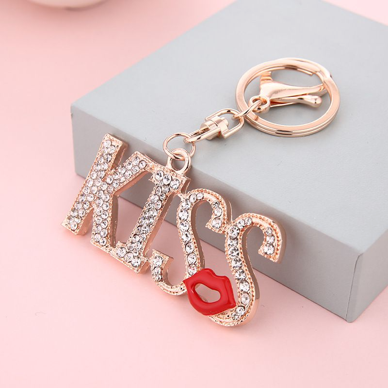 Women Romantic KISS Letters Pattern Rhinestone Decor Alloy Key Chain