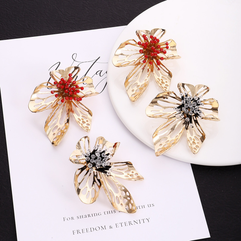 Women Exaggerated Rice Beads Floral Hollow Metal Earrings