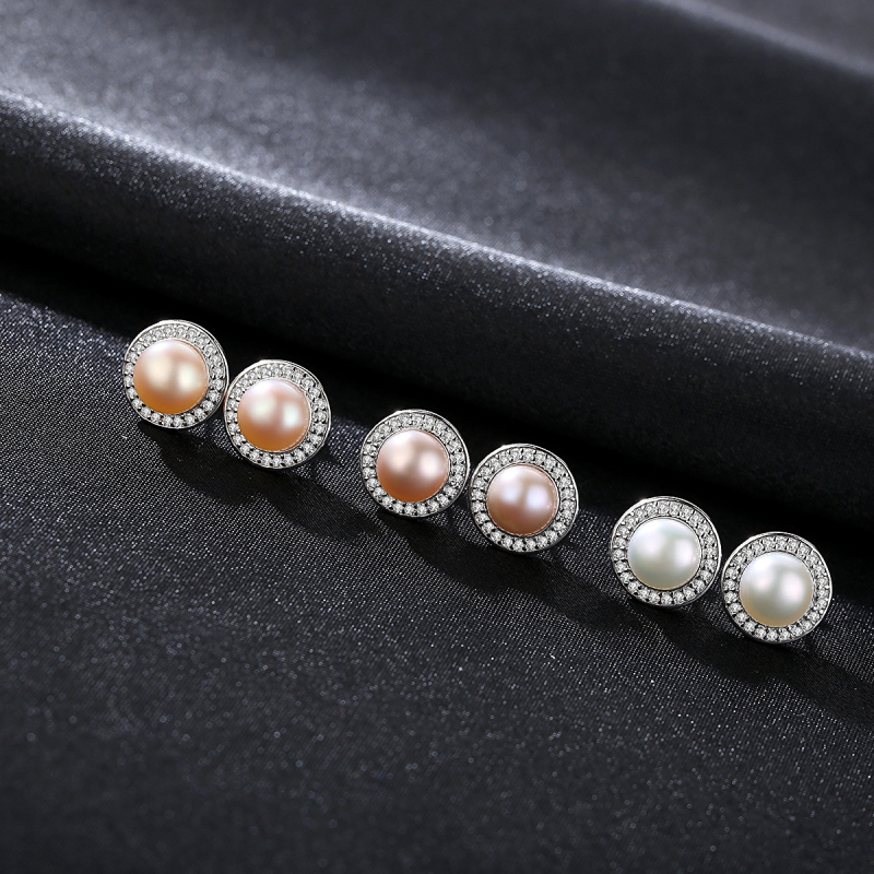 Women Luxury Zircon Natural Freshwater Pearl Silver Stud Earrings