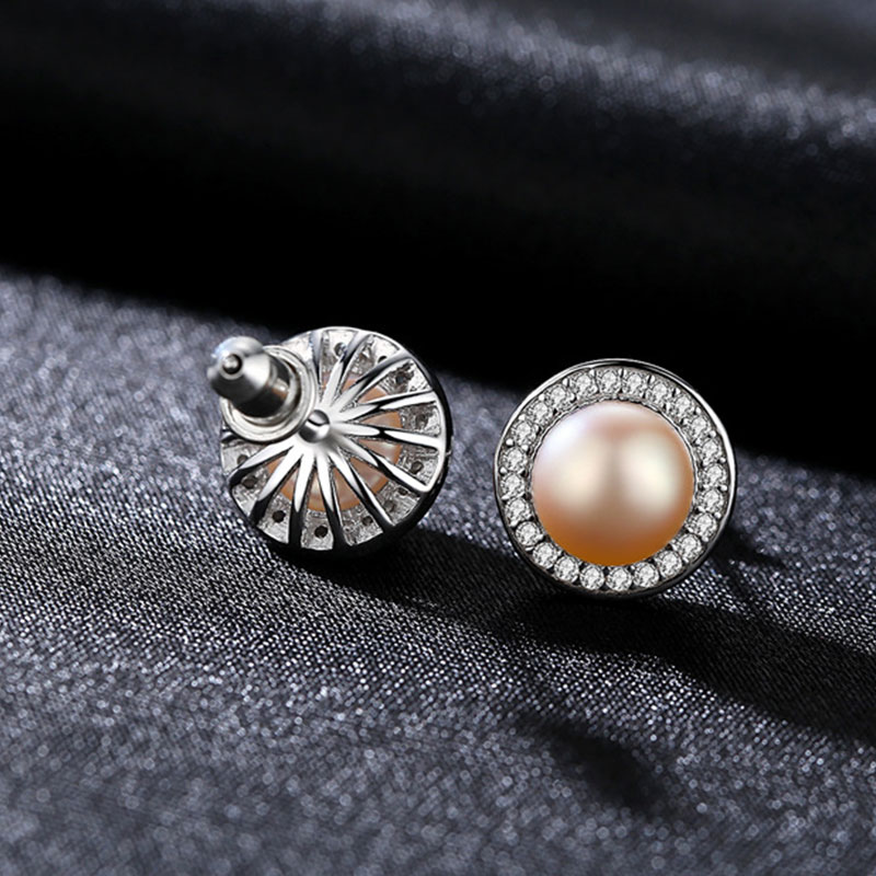 Women Luxury Zircon Natural Freshwater Pearl Silver Stud Earrings