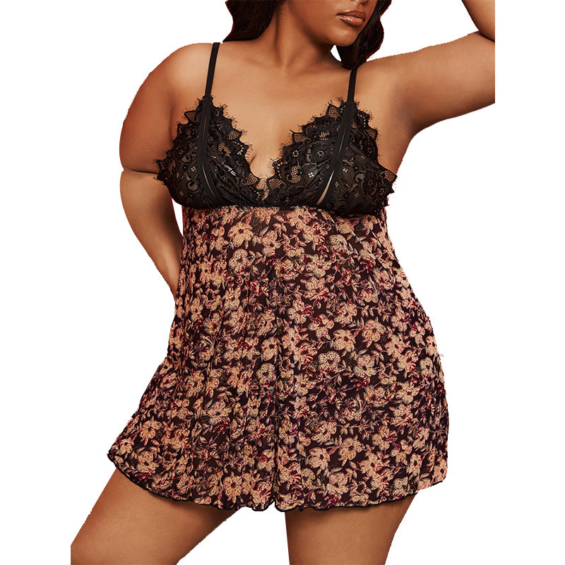 Women Sexy Plus Size Sexy Leopard Lace Patchwork Sleeveless Pajamas Dress