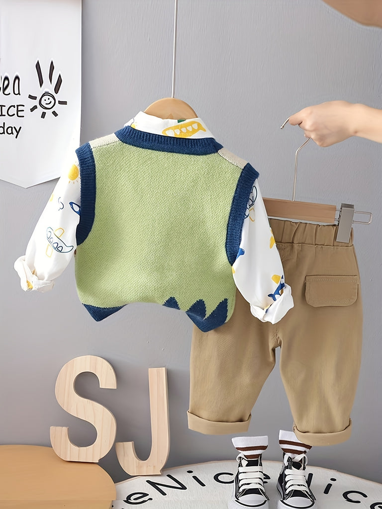 3pcs Baby's Knitted Vest & Long Sleeve Shirt & Casual Pants, Infant Boy's Set, FS