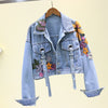 Women's Short Denim Jacket With Flower Embroidery