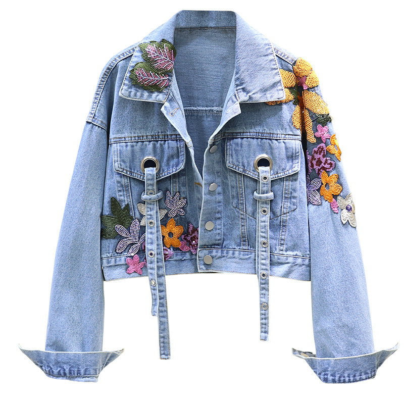 Women's Short Denim Jacket With Flower Embroidery