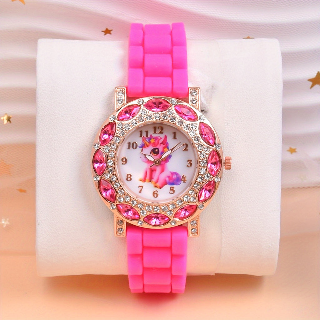 Fashion Watch Rhinestone Cartoon Unicorn Girls Silicone Strap Quartz Watch FS