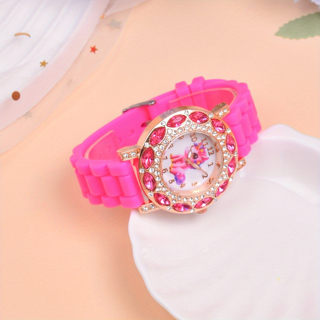 Fashion Watch Rhinestone Cartoon Unicorn Girls Silicone Strap Quartz Watch FS