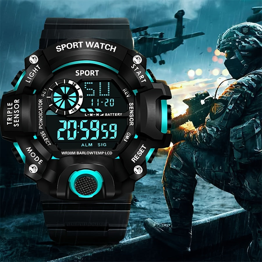 Casual Men's Sports Style Silicone Strap Electronic Watch, 24H Date Week Chronograph Stopwatch Alarm Luminous Multifunctional Wristwatches FS