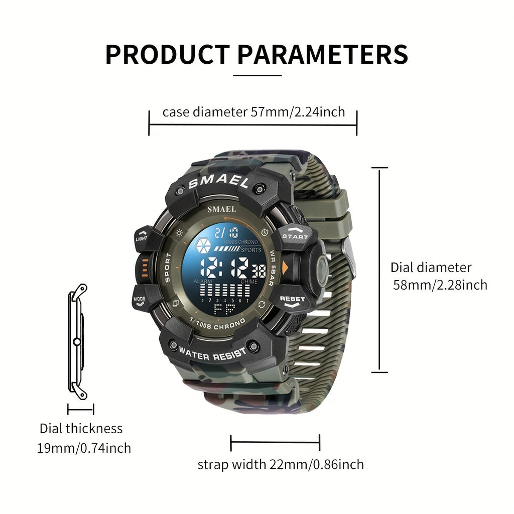 Sports Digital Wristwatch For Outdoor Mountaineering, LED Night Light Multifunctional Alarm Calendar Watch With Large Dial Camo Strap FS