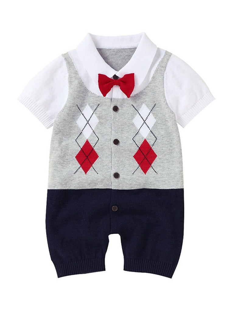 High Quality Summer Gentleman Bow Tie Button Baby Jumpsuit