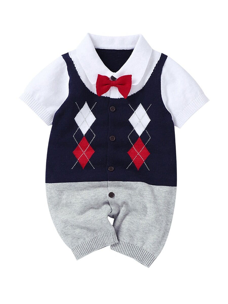 High Quality Summer Gentleman Bow Tie Button Baby Jumpsuit