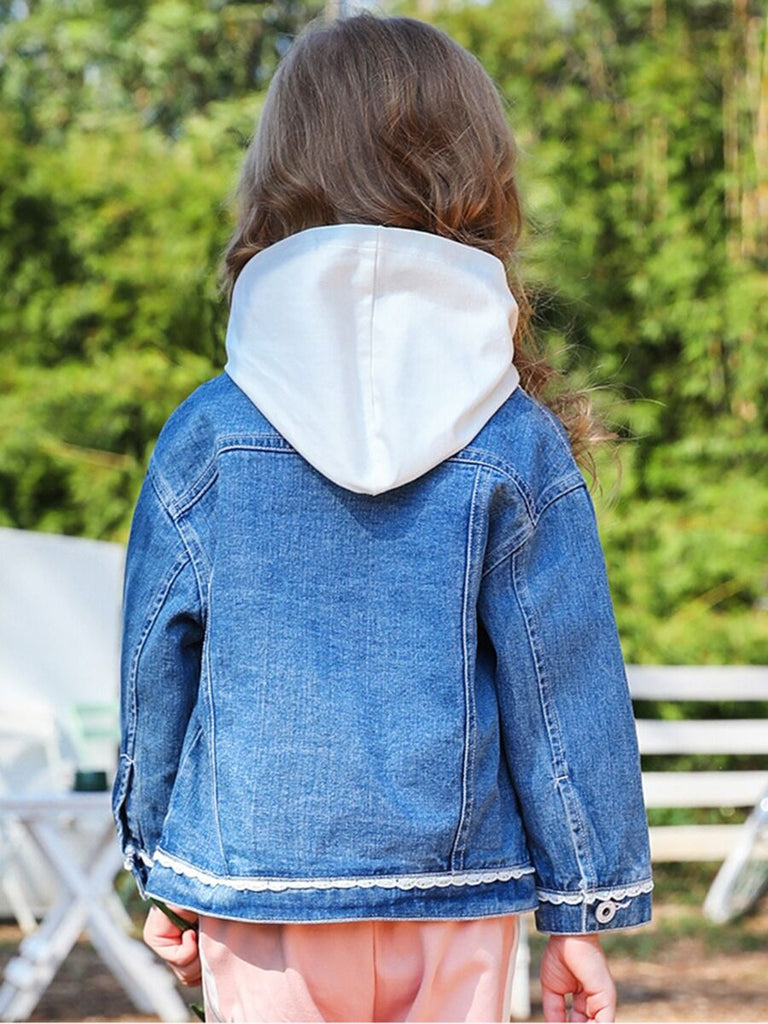 Kid Girl Turn Down Collar Lace Decor Denim Jacket High Quality