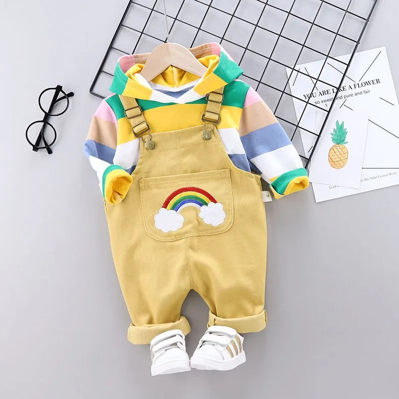 Baby Rainbow Color Long Sleeves Hoodie And Overall 2 Pcs