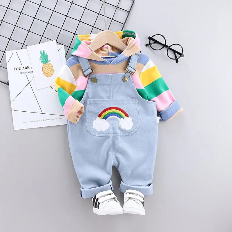 Baby Rainbow Color Long Sleeves Hoodie And Overall 2 Pcs