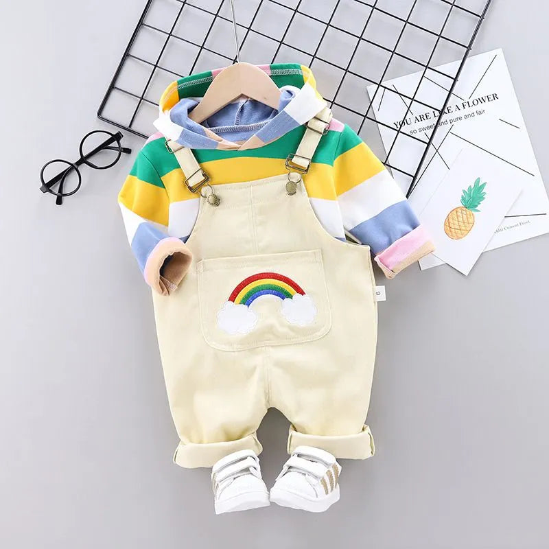 Baby Rainbow Color Long Sleeves Hoodie And Overall 2 Pcs