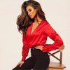 Women V Neck Long-Sleeve Solid Color Blouse