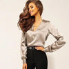 Women V Neck Long-Sleeve Solid Color Blouse