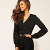 Women V Neck Long-Sleeve Solid Color Blouse