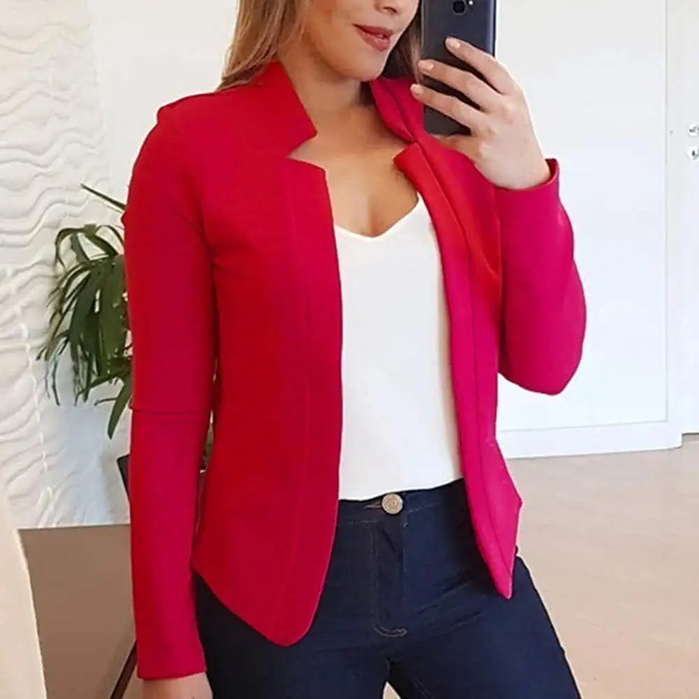 S-5XL Women Solid Color Stand Collar Long-Sleeve Blazer