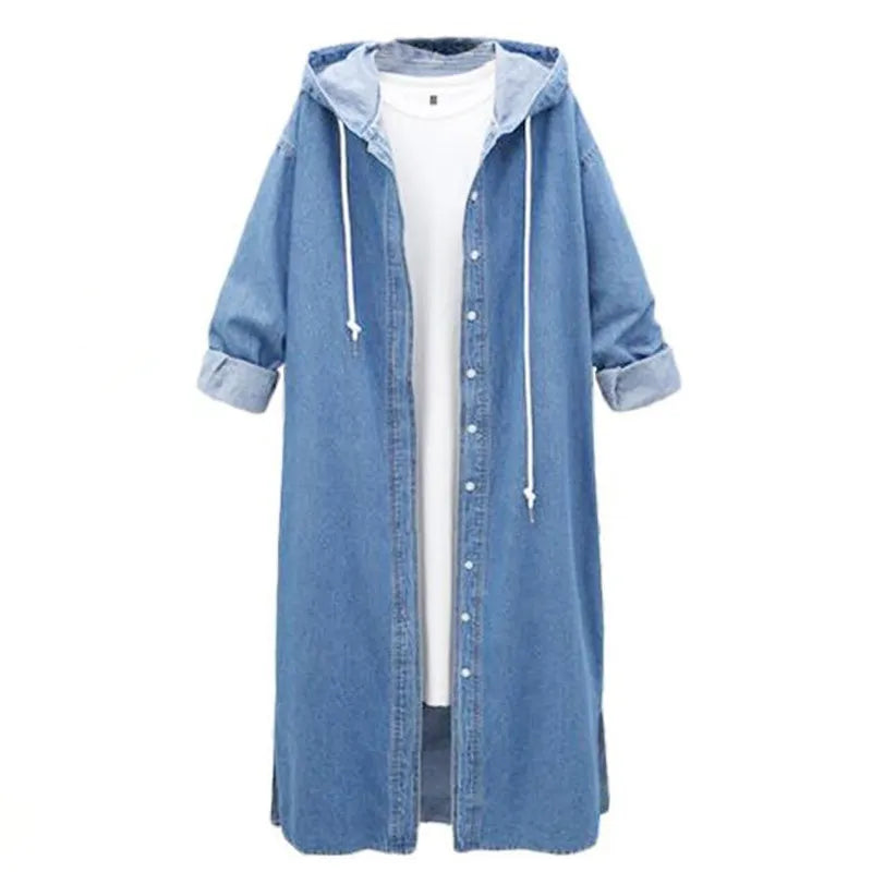 S-XL Women Casual Long-Sleeve Single-Breasted Denim Hooded Over Coat