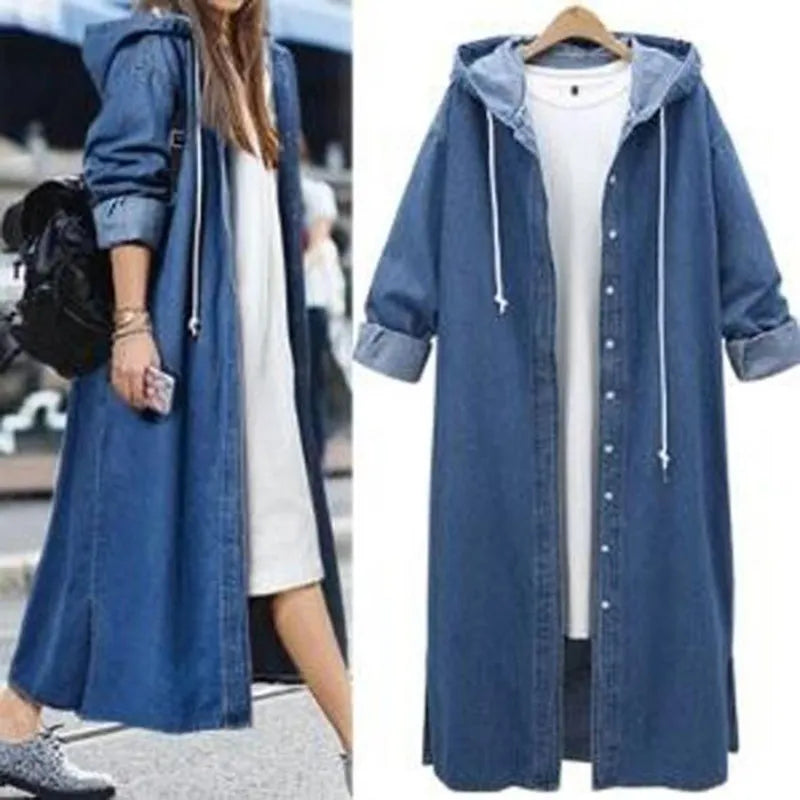 S-XL Women Casual Long-Sleeve Single-Breasted Denim Hooded Over Coat