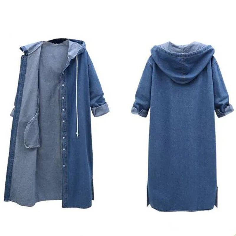 S-XL Women Casual Long-Sleeve Single-Breasted Denim Hooded Over Coat