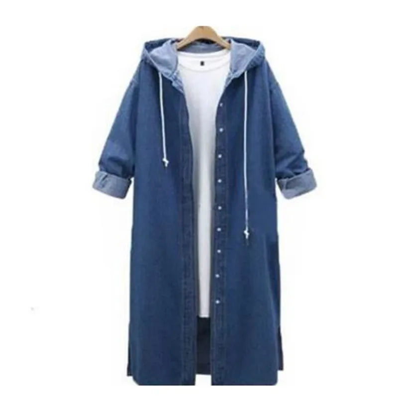 S-XL Women Casual Long-Sleeve Single-Breasted Denim Hooded Over Coat