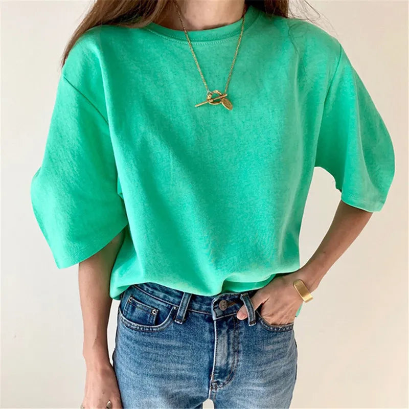 Woman Casual Solid Color Puff Sleeve T-Shirt