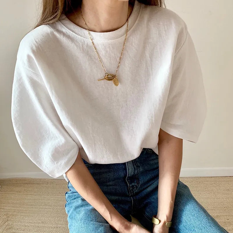 Woman Casual Solid Color Puff Sleeve T-Shirt