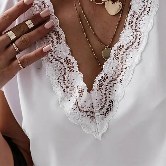 Women Fashion Hollow Out Lace V Neck Short Sleeve Blouse