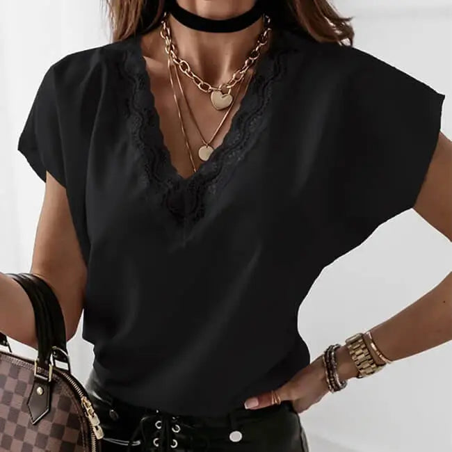 Women Fashion Hollow Out Lace V Neck Short Sleeve Blouse
