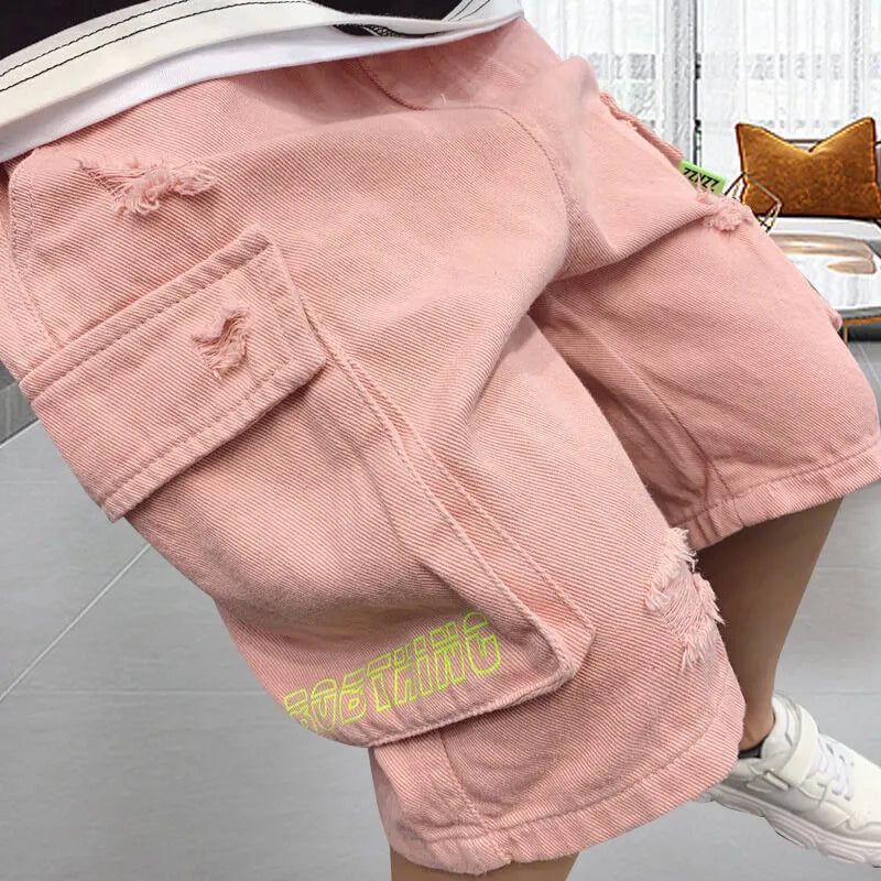 Boys Fashion Solid Color Hole Design Casual Shorts