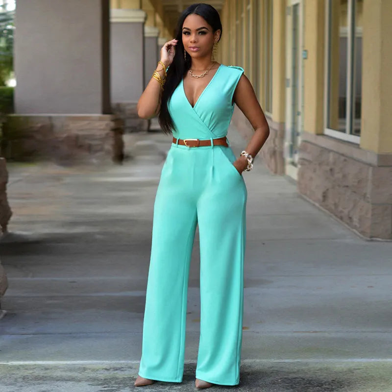 Women Elegant Work Office High Waist V Neck Sleeveless Solid Color Wide Leg Jumpsuits With Belt